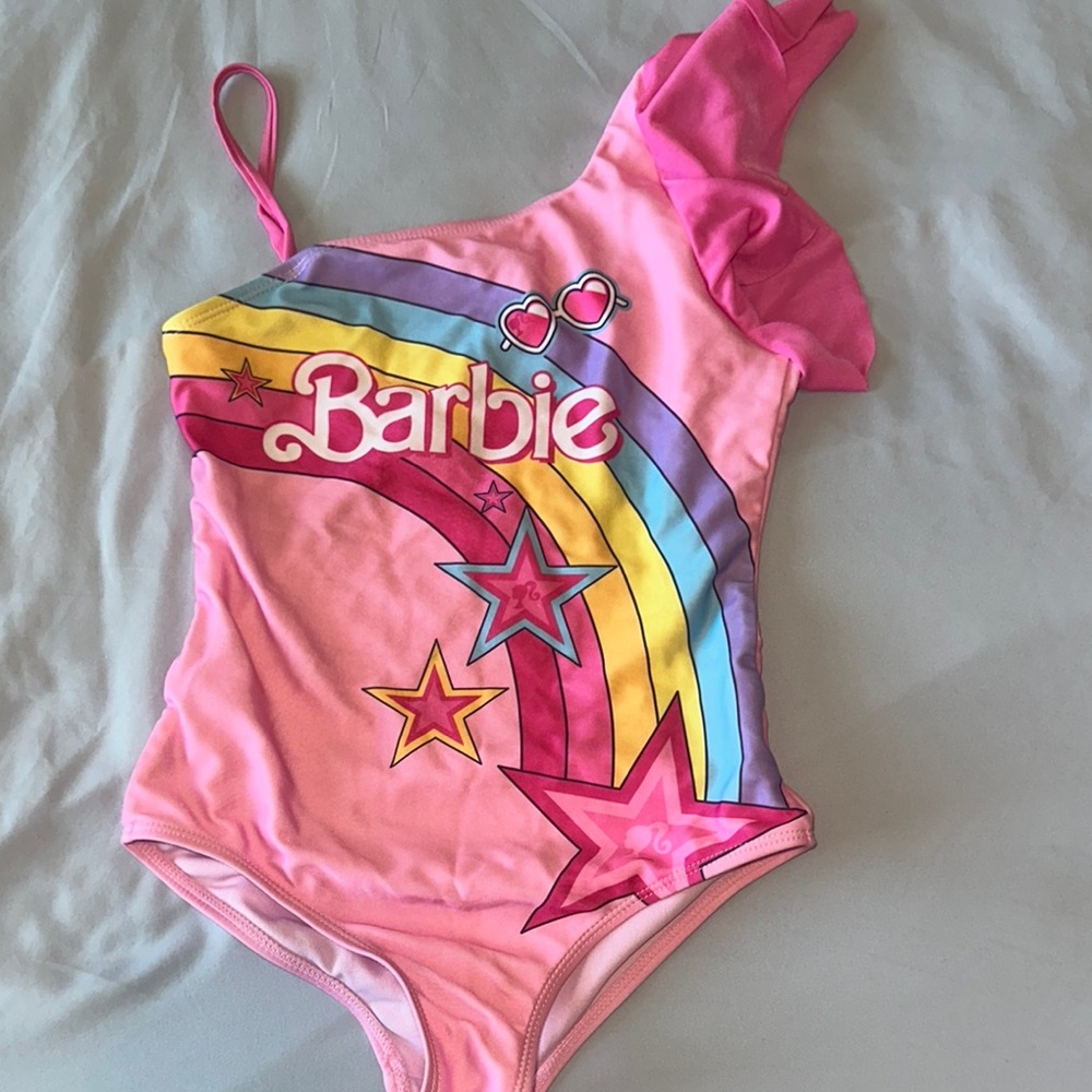 Girl’s size 7/8 Barbie Pink‎ Swimsuit with Rainbow and Stars